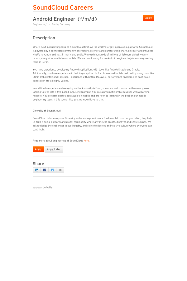 Android Engineer (F/M / D) job at SoundCloud in Berlin, Germany ... Android Engineer (F/M / D) job at SoundCloud in Berlin, Germany ...