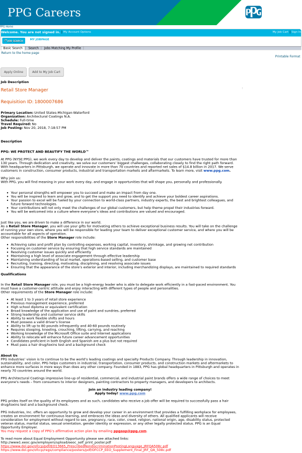 retail store manager job at ppg industries in waterford mi c store manager job description