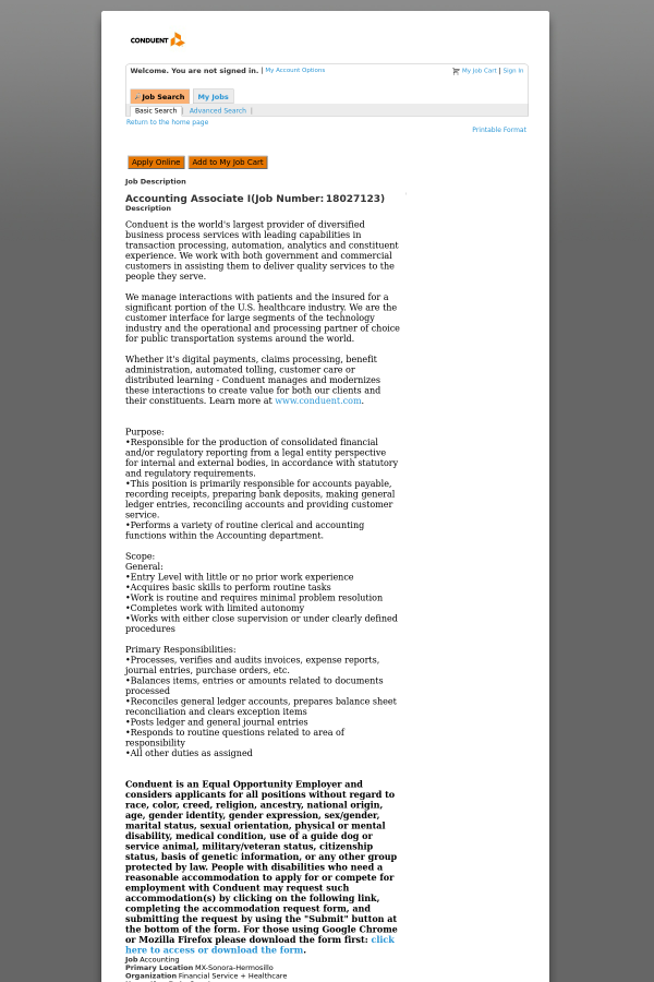 accounting associate i job at conduent in hermosillo mexico accounting associate job description