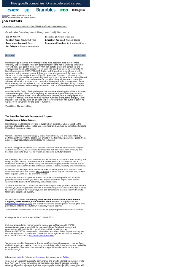 graduate development program m f germany job at chep in köln jobs that offer relocation