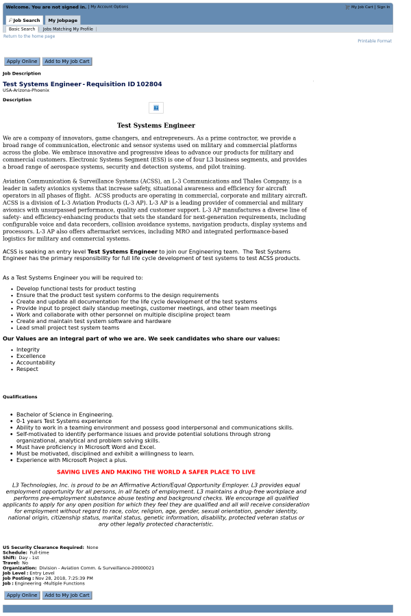 test systems engineer job at l3 technologies in phoenix az