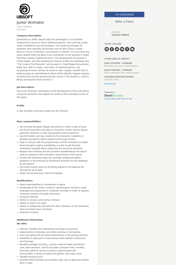 junior animator job at ubisoft in sofia bulgaria 15585284 animator job description