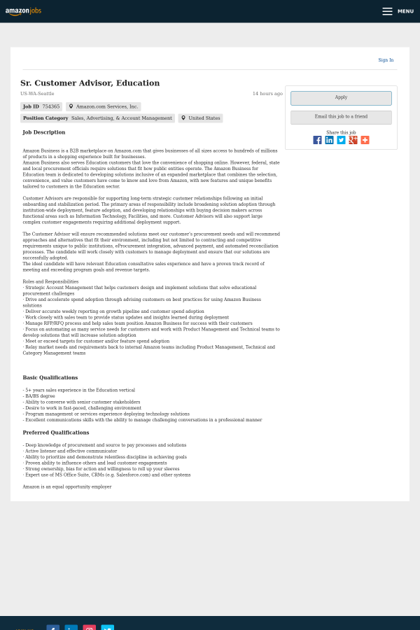 senior customer advisor education job at amazon in seattle wa senior customer service advisor job description