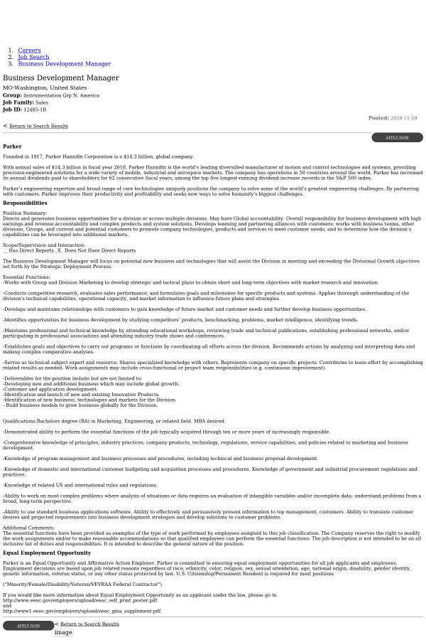 business development manager job at parker hannifin in missouri usa career objective for business development manager