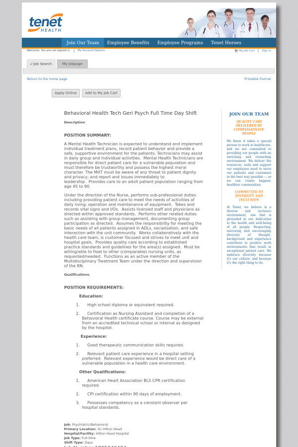 behavioral health tech geri psych day job at tenet healthcare in