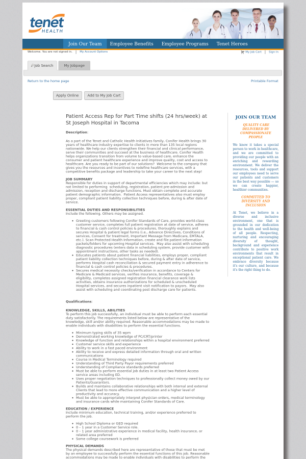 patient access representative job at tenet healthcare in tacoma wa patient access representative job description