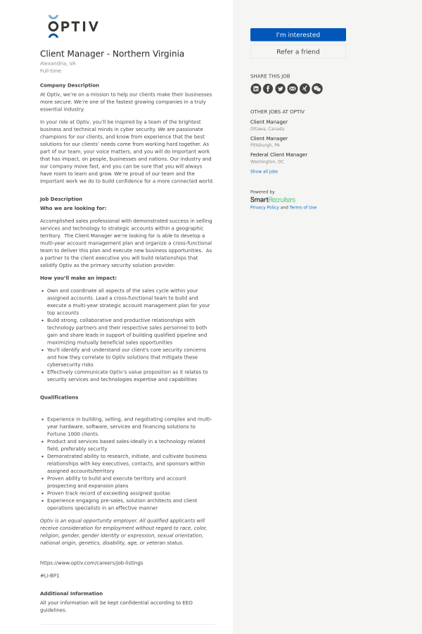 client manager northern virginia job at optiv in alexandria va client manager job description