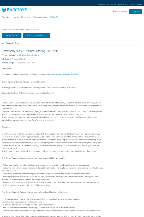 community banker moment banking job at barclays in st albans senior customer service advisor job description