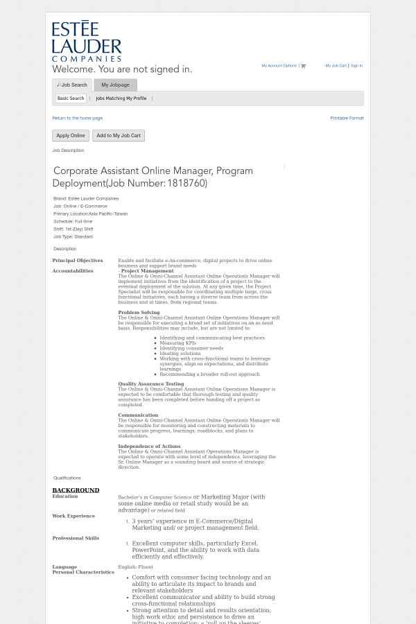 corporate assistant online manager program deployment job at estée