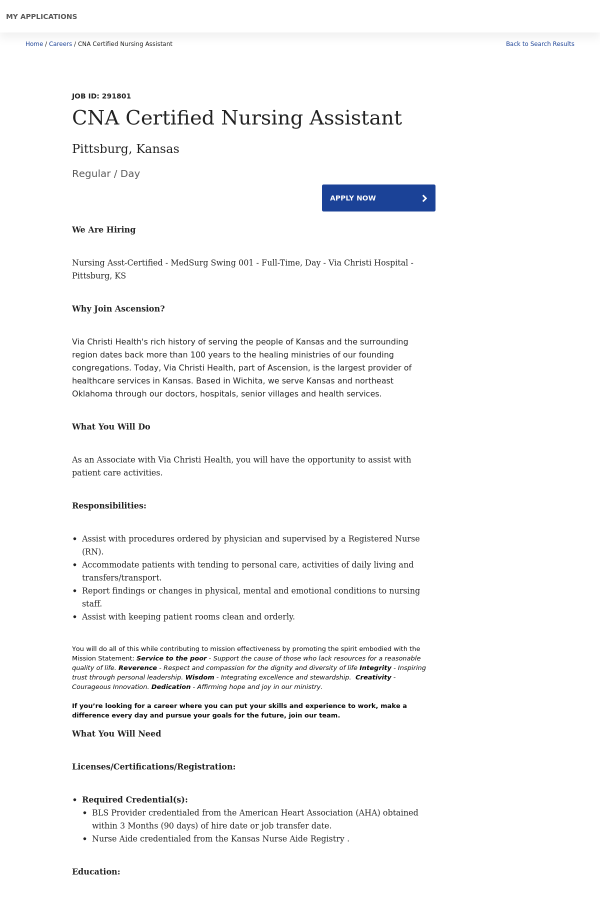 cna certified nursing assistant job at ascension health in pittsburg where can a cna work