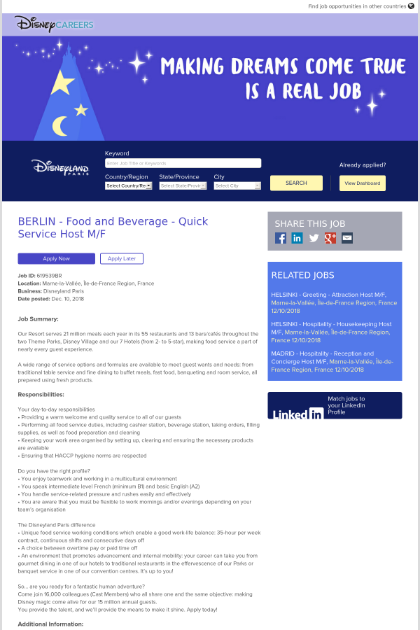 berlin food and beverage quick service host m f job at the walt food and beverage host