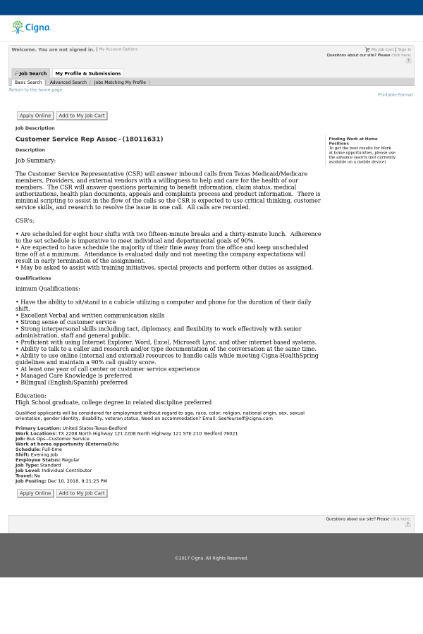 customer service representative associate job at cigna in bedford cigna customer care