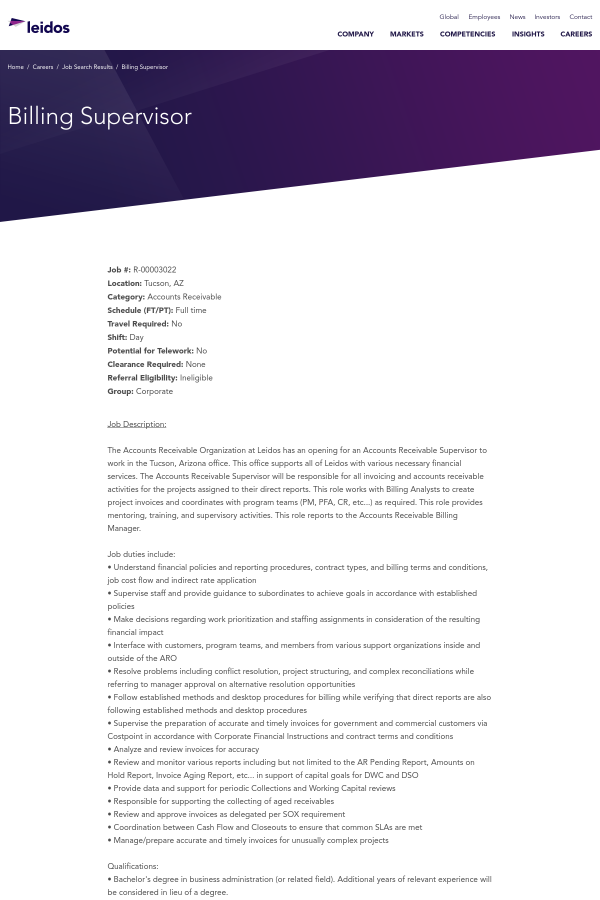 billing supervisor job at leidos in tucson az 15734099 tapwage billing supervisor job description