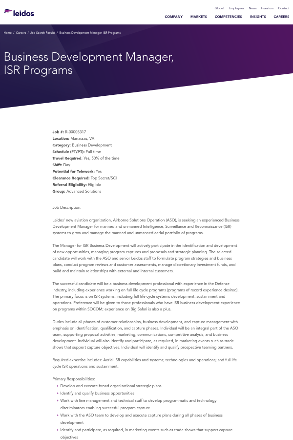 business development manager isr programs job at leidos in manassas career objective for business development manager