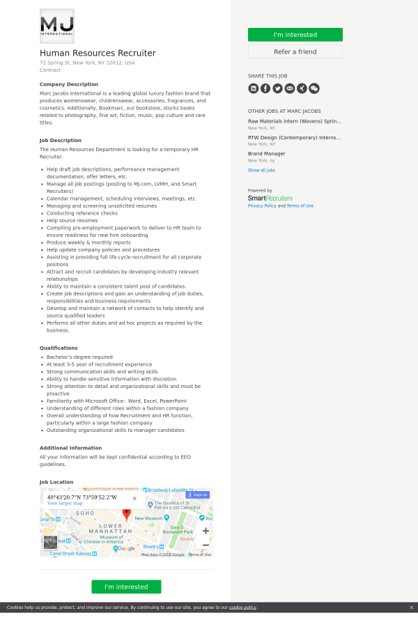 human resources recruiter job at marc jacobs in new york city ny human resource recruiter job description