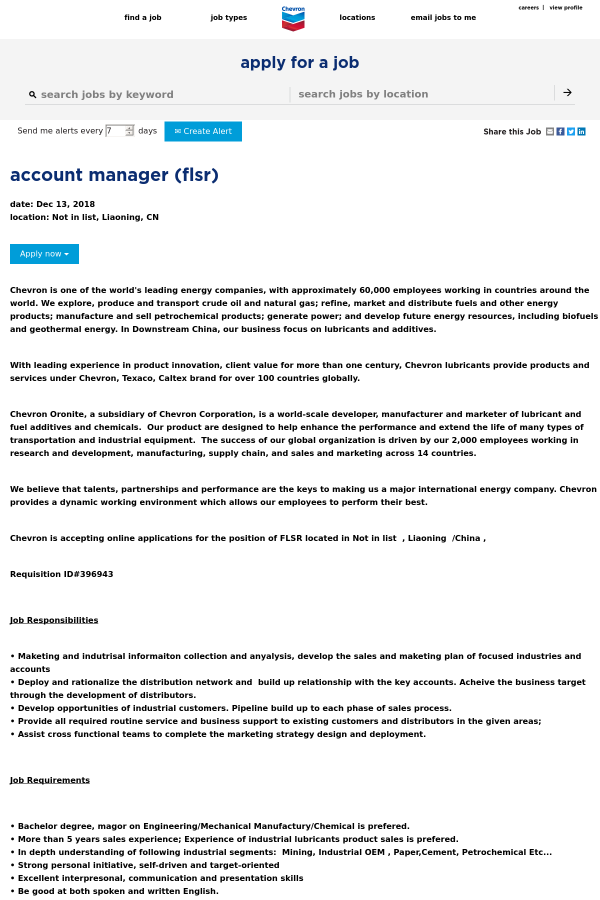 account manager flsr job at chevron in liaoning china 15764509 chevron account online