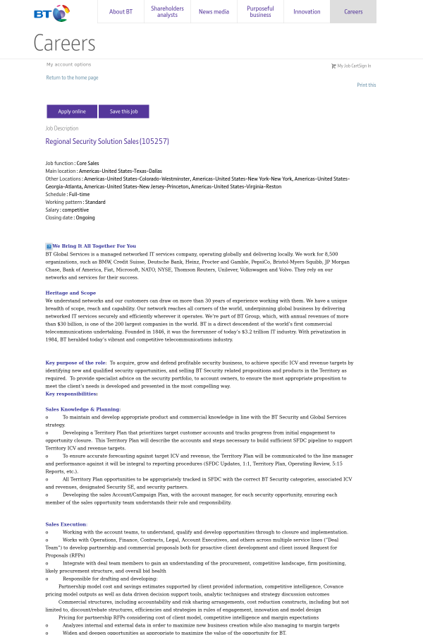 Security Jobs In Dallas >> Regional Security Solution Sales Job At Bt Group In Dallas Tx Security Jobs In Dallas >> Regional Security Solution Sales Job At Bt Group In Dallas Tx