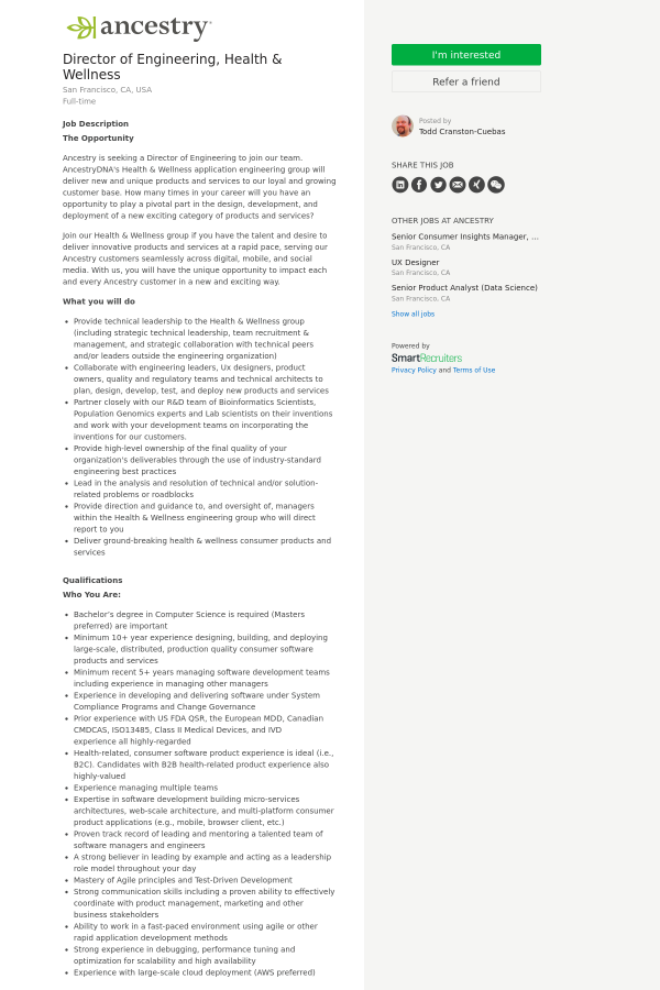 director of engineering health wellness job at ancestry in san job description director of engineering