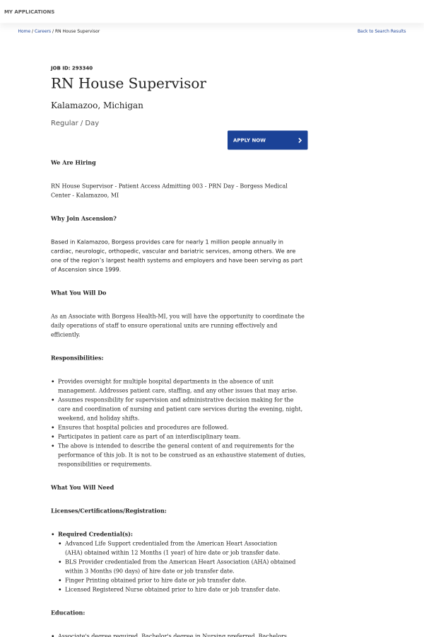registered nurse house supervisor job at ascension health in nursing house supervisor job description