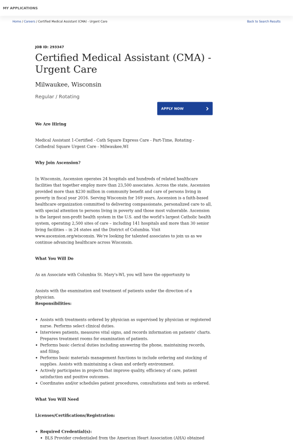 certified medical assistant cma urgent care job at ascension register medical assistant jobs