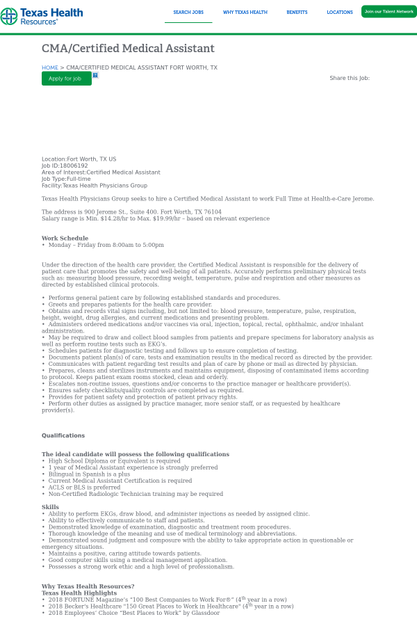 cma certified medical assistant job at texas health types of medical assistant certifications