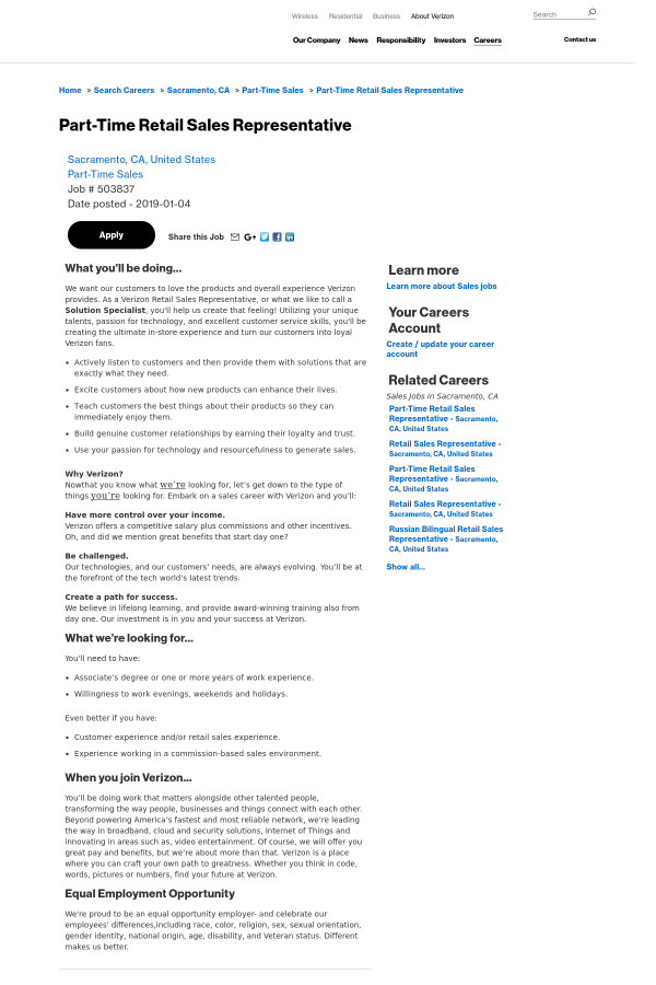 retail sales representative job at verizon in sacramento ca what is retail sales experience