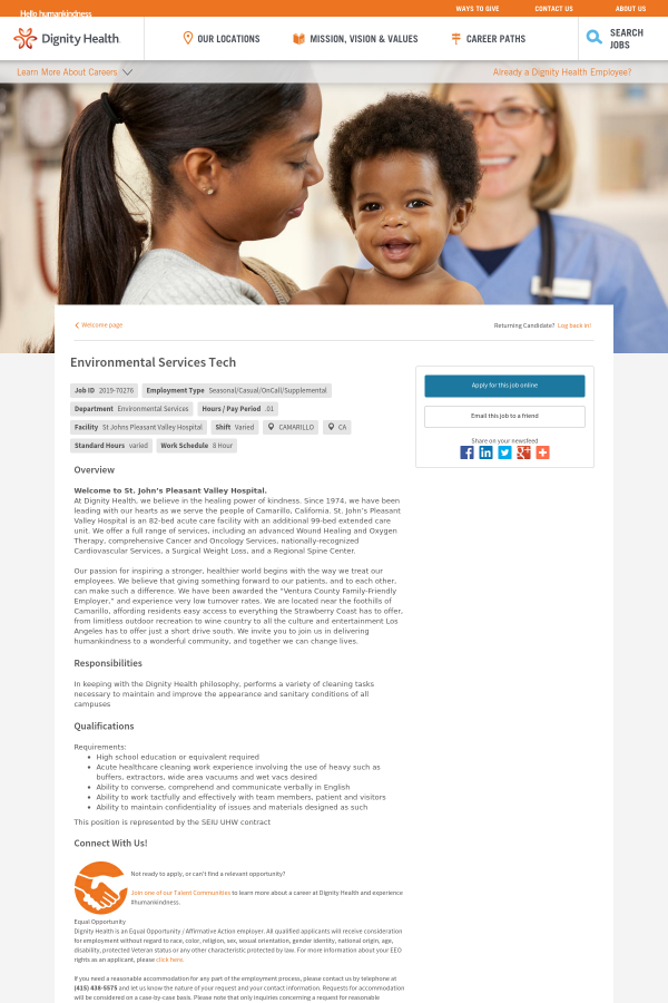 environmental services tech job at dignity health in camarillo ca environmental services tech