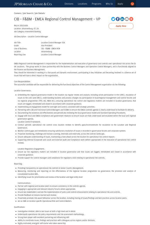 cib f bm emea regional control management vice president job vp of operations job descriptions