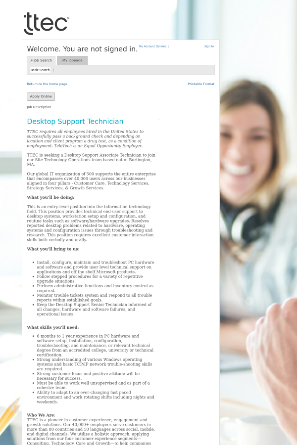 desktop support technician job