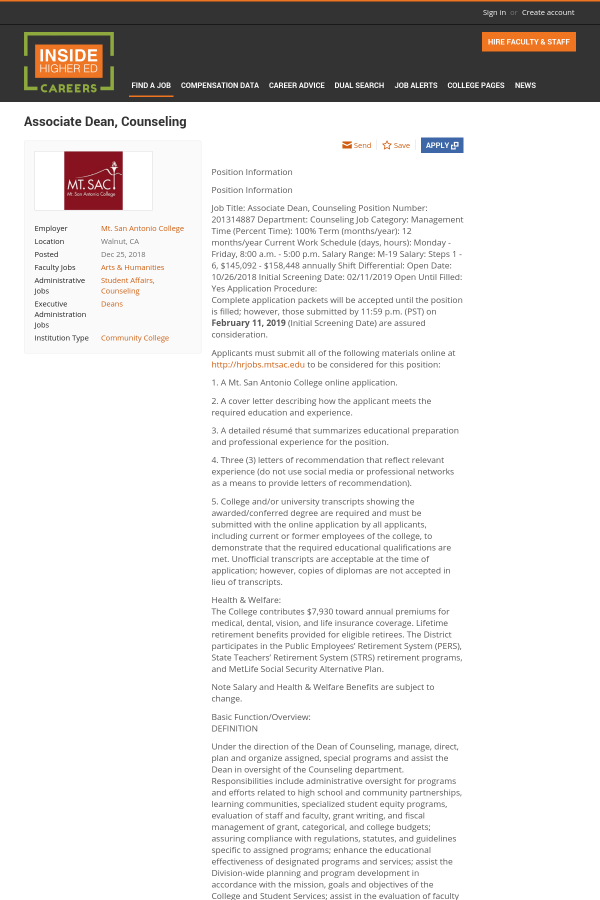associate dean counseling job at mt san antonio college in walnut social letter of recommendation definition