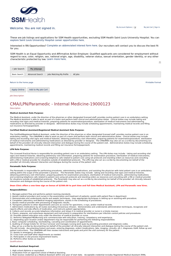 cma lpn paramedic internal medicine job at ssm healthcare in registered medical assistant job description