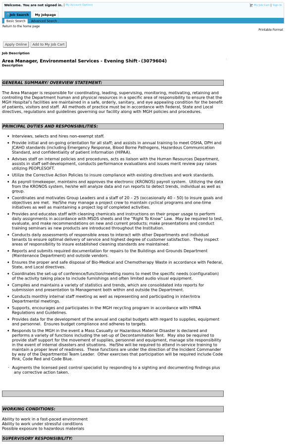area manager environmental services evening shift job at area manager job description