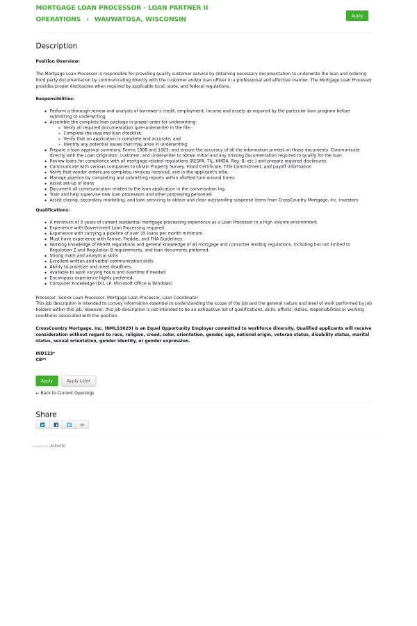 mortgage loan processor loan partner ii job at cross country duties of a loan processor