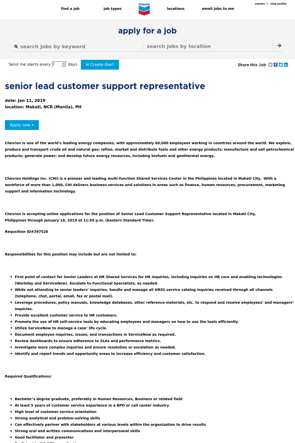 senior lead customer support representative job at chevron in manila chevron customer service