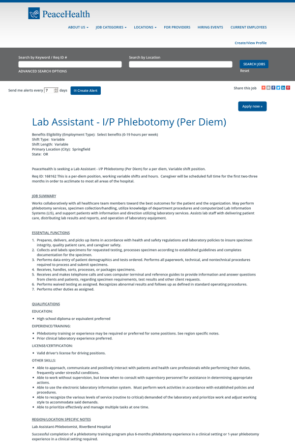 lab assistant i p phlebotomy job at peacehealth in springfield working without supervision