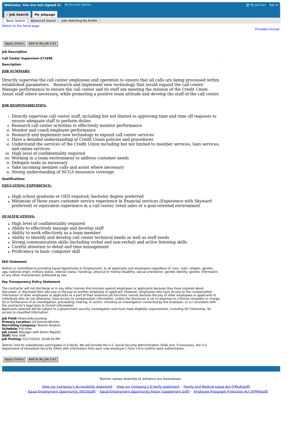 call center supervisor job at textron inc in wichita ks 16199085 high school graduate call center