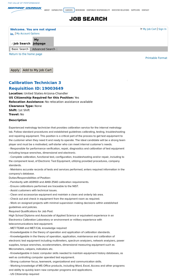 Calibration Technician 3 Job At Northrop Grumman Corporation In