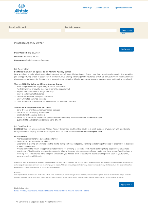 Insurance Agency Owner Job At Allstate Insurance Company In Rockland Ny 16884637 Tapwage Job Search