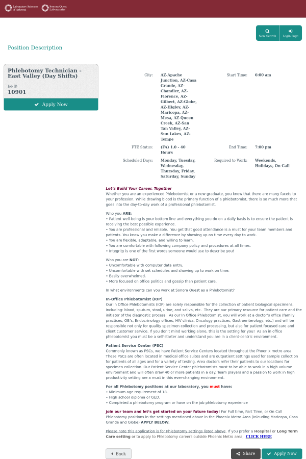 Phlebotomy Technician East Valley Day Shifts Job At Sonora