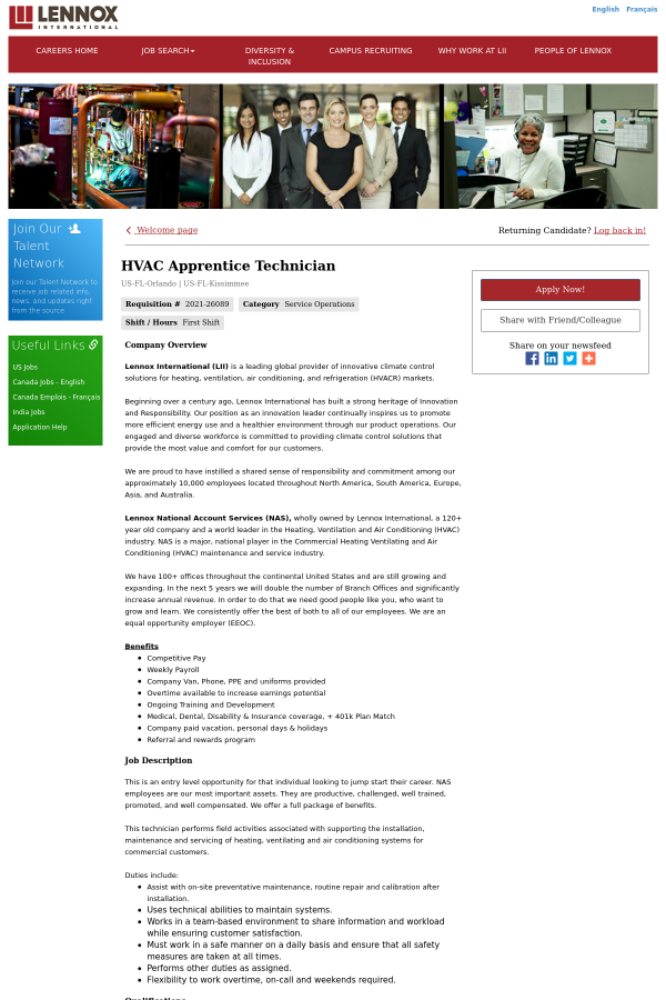 HVAC Apprentice Technician job at Lennox International in