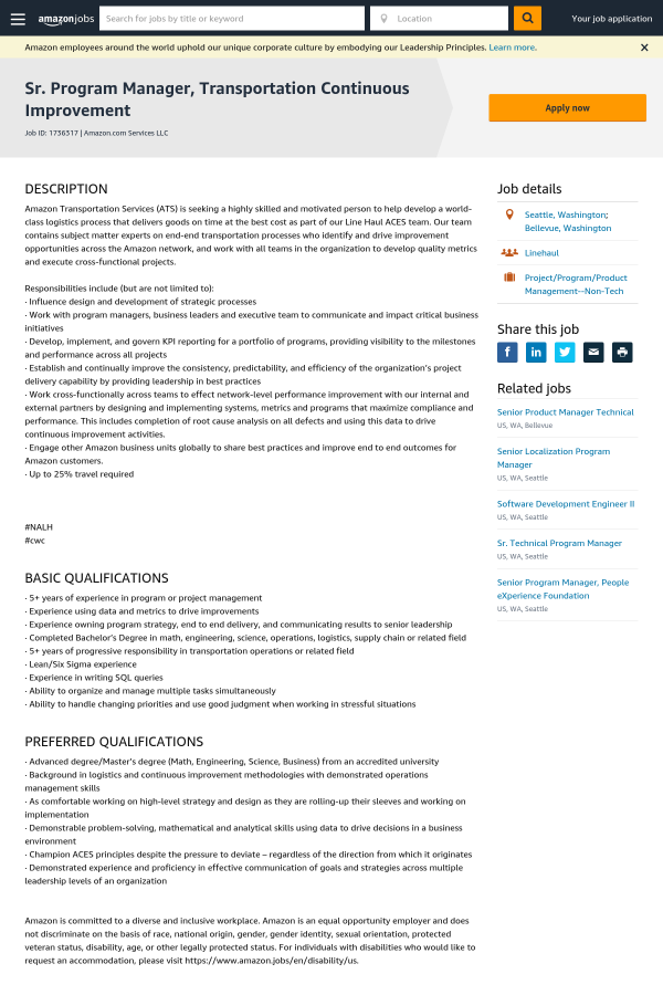Senior Program Manager, Transportation Continuous