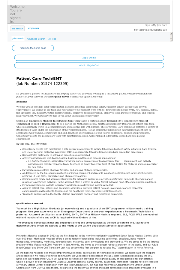 Patient Care Tech / EMT job at HCA Holdings, Inc. in
