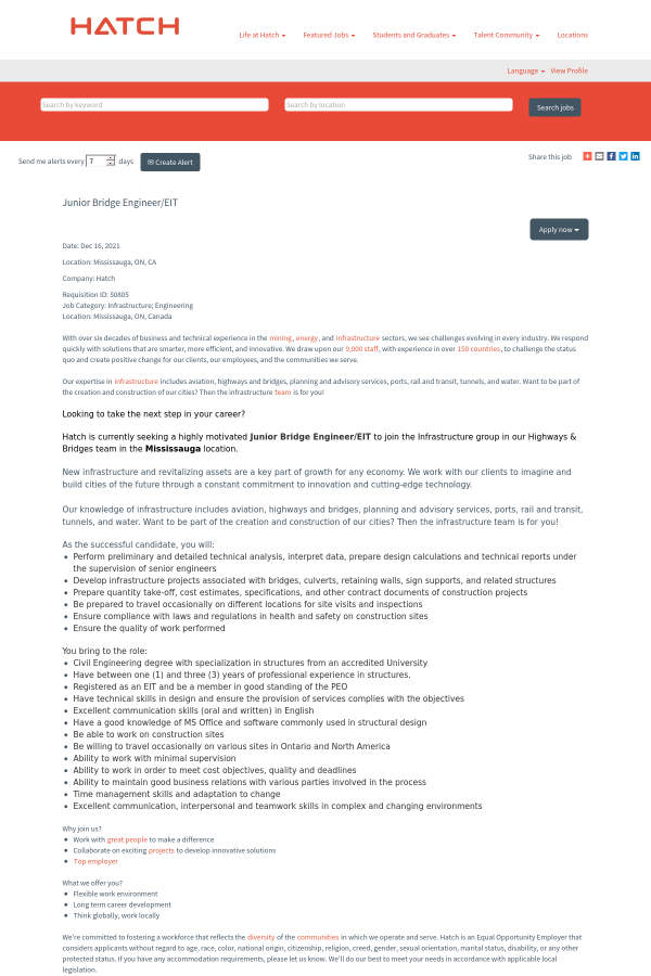 Junior Bridge Engineer / EIT job at Hatch in Mississauga