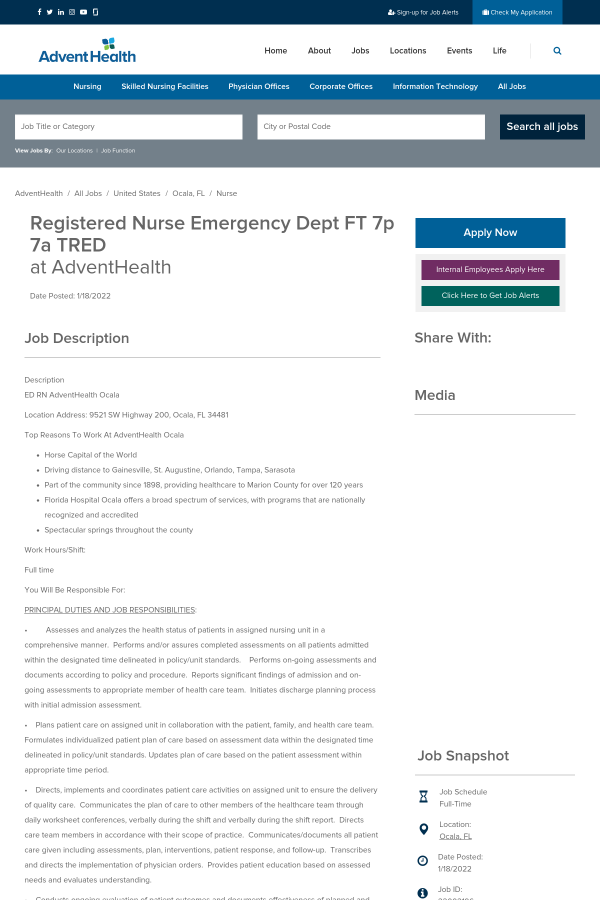 Registered Nurse Emergency Dept 7p 7a Tred at AdventHealth
