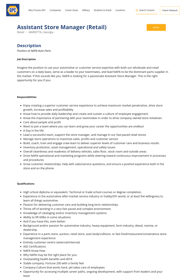 Assistant Store Manager (Retail) job at Genuine Parts