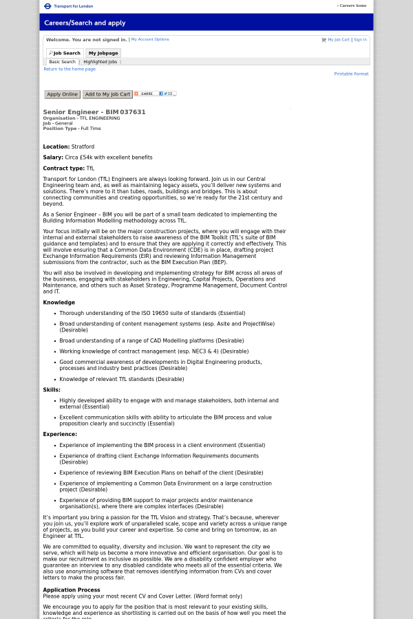 Senior Engineer BIM job at Transport for London in