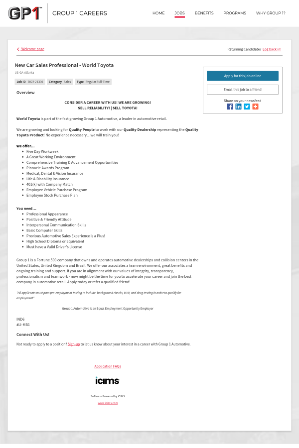New Car Sales Professional World Toyota job at Group 1