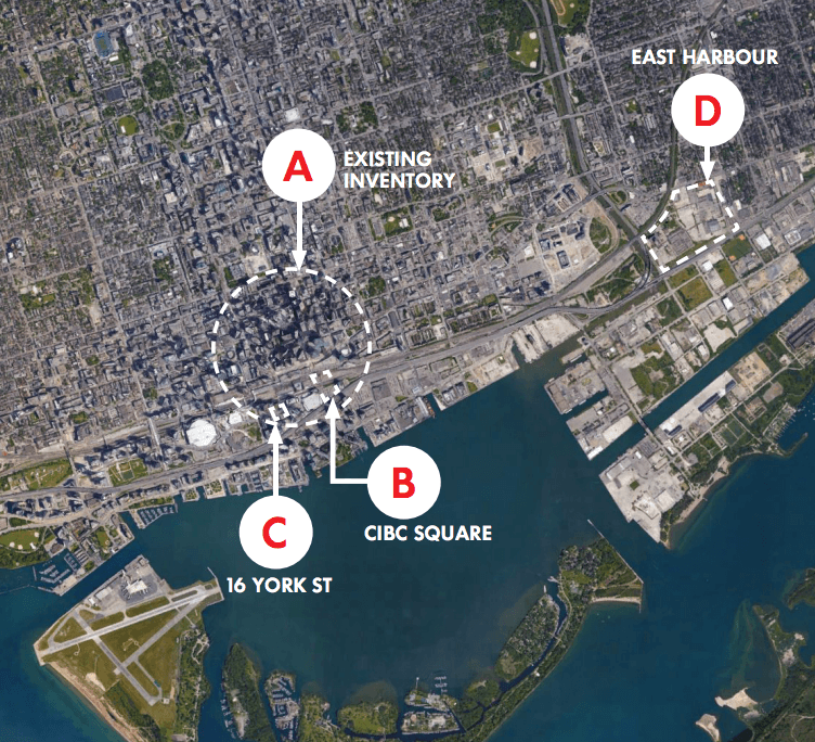 A picture from Toronto's bid showing both the current and proposed real estate options for an HQ2.