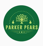 green circle with a light green pear tree graphic and the words parker pears