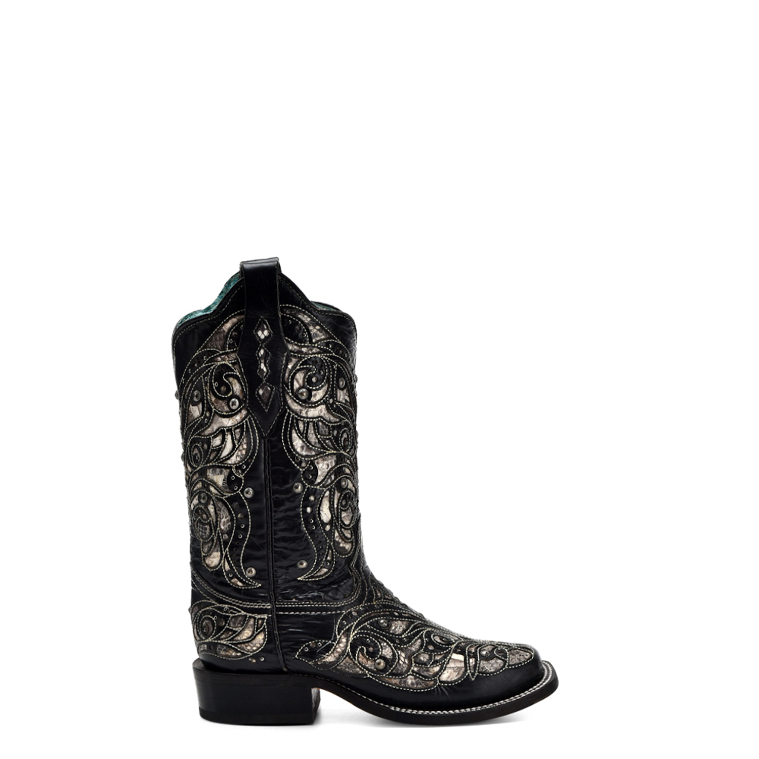 Pre-owned Corral Boots Corral Womens Square Toe Inlay Black Python 11.5in Cowboy Boots